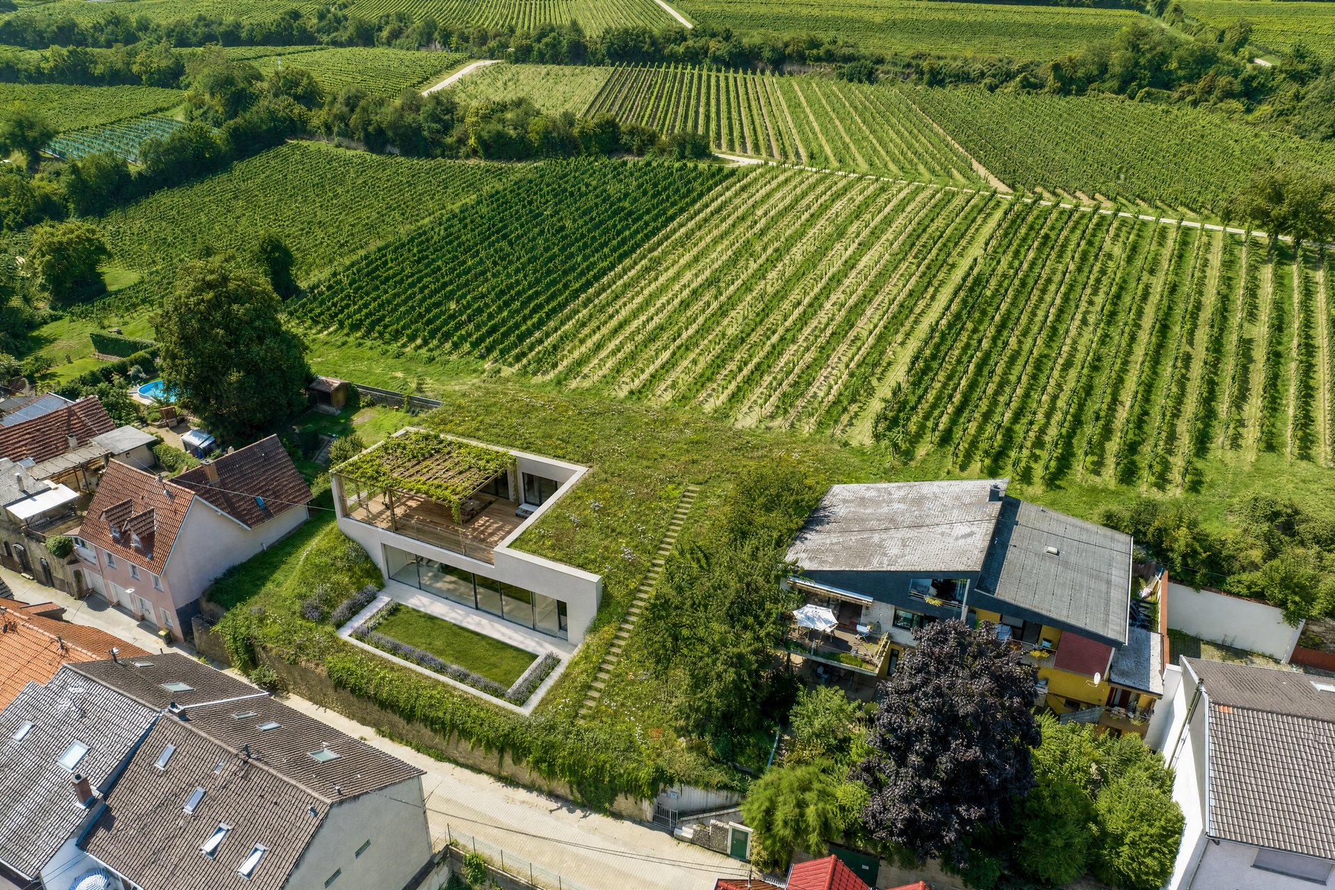 Variante B — Moderne Hangarchitektur mit Gründach und Pergola