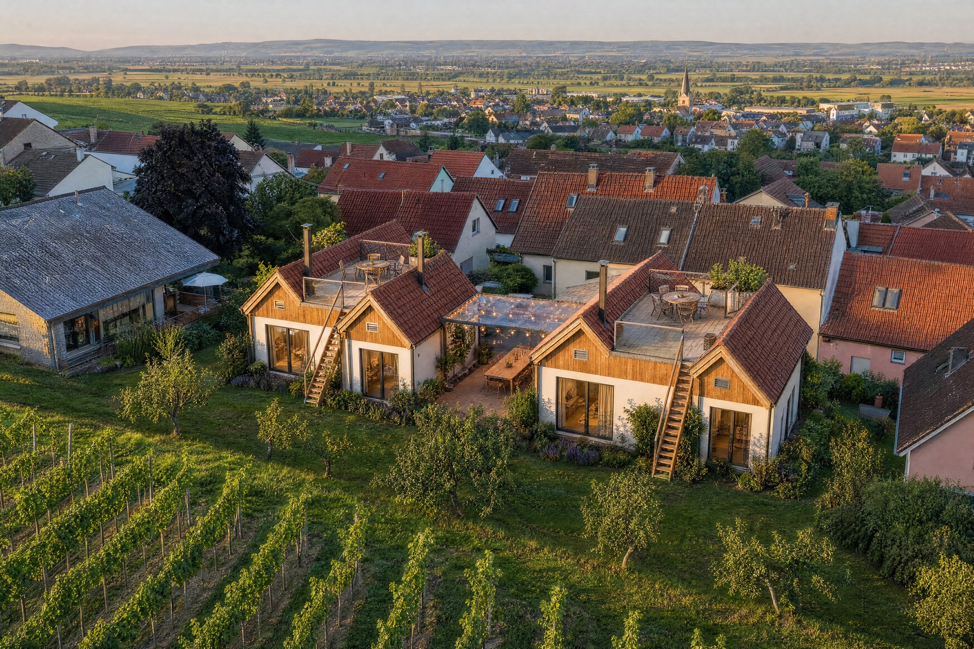 Variante C — Tiny Houses von der Weinbergseite mit Dachterrassen und Dorfblick